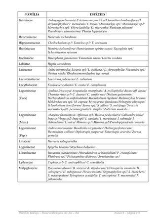 FAMÍLIA                                           ESPÉCIES
Gramineae             Andropogon bicornis/ Criciuma assymetrica/Ichnanthus bambusiflorus/I.
                      drepanophyllus/ I. memoralis/ I. tenuis/ Merostachys sp1/ Merostachys sp2/
                      Merostachys sp3/ Olyra latifolia/ O. micrantha/ Panicum pilosum/
                      Parodiolyra ramosissima/ Pharus lappulaceus
Heliconiaceae         Heliconia richardiana
Hippocrateaceae       Cheilochinium sp1/ Tontelea sp1/ T. attenuata
Humiriaceae           Humiria balsamifera/ Humiriastrum spiritu-sancti/ Sacoglotis sp1/
                      Schistostemon retusum
Icacinaceae           Discophora guianensis/ Emmotum nitens/ Leretia cordata
Labiatae              Hyptis atrorubens
Lauraceae             Aniba intermedia/ Licaria sp1/ L. bahiana / L. chrysophylla/ Nectandra sp1/
                      Ocotea nitida/ Rhodostemonodaphne (sp. nova)
Lacistemataceae       Lacistema pubescens/ L. robustum
Lecythidaceae         Eschweilera alvimii/ E. ovata/ E. complanata
Leguminosae           Apuleia leiocarpa/ Arapatiella emarginata/ A. psillophylla/ Bocoa aff. limae/
                      Chamaecrista sp1/ C. duartei/ C. ensiformes/ Dialium guianensis/
(Caes)                Harleyodendron unifoliolatum/ Macrolobium rigidum/ Melanoxylon brauna/
                      Moldenhawera sp1/ M. cuprea/ Myrocarpus frondosus/Peltogyne chrysopis/
                      Sclerolobium densiflorum/ Senna sp1/ S. affinis/ S. multijuga/ Swartzia
                      macrostachya/S. peremarginata/S. simplex/ Zollernia modesta
Leguminosae           Abarema filamentosa/ Affonsea sp1/ Balizia pedicellaris/ Calliandra bella/
                      Inga sp1/Inga sp2/ Inga sp3/ I. capitata/ I. marginata/ I. subnuda/ I.
(Mim.)                thibaudiana/ I. unica/ Mimosa sp1/ Mimosa sp2/Pseudopiptadenia contorta
Leguminosae           Andira marauensis/ Bowdichia virgilioides/ Dalbergia frutescens/
                      Desmodium axillare/ Diplotropis purpurea/ Vatarelopis araroba/ Zornia
(Pap.)                gemella
Liliaceae             Herreria salsaparrilha
Loganiaceae           Spigelia laurina/ Strychnos bahiensis
Loranthaceae          Ixocactus clandestinus/ Phoradendron acinacifolium/ P. crassifolium/
                      Phthirusa sp1/ Psittacanthus dichrous/ Struthanthus sp1
Lythraceae            Cuphea sp1/ C. antisyphilica/ C. sessilifolia
Malpighiaceae         Byrsonima alvimii/ B. sericea/ B. stipulaceae/ Heteropteris anomala/ H.
                      coleoptera/ H. rubiginosa/ Hiraea bullata/ Stigmaphyllon sp1/ S. blanchetii/
                      S. macropodum/ Tetrapterys acutifolia/ T. anisoptera/ T. mucronata/ T.
                      phlomoides




Plano de Manejo – Reserva Biológica de Una – BA                           Anexo II - página 211
 