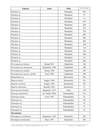 Espécies                      Autor            Tribo            Ref. na Coleção


Pheidole sp                                                  Pheidolini             852
Pheidole sp                                                  Pheidolini              75
Pheidole sp                                                  Pheidolini              13
Pheidole sp                                                  Pheidolini             859
Pheidole sp                                                  Pheidolini             368
Pheidole sp                                                  Pheidolini             279
Pheidole sp                                                  Pheidolini             330
Pheidole sp                                                  Pheidolini             898
Pheidole sp                                                  Pheidolini             900
Pheidole sp                                                  Pheidolini             892
Pheidole sp                                                  Pheidolini             188
Pheidole sp                                                  Pheidolini             114
Pheidole sp                                                  Pheidolini             136
Pheidole sp                                                  Pheidolini             400
Pheidole sp                                                  Pheidolini              29
Pheidole sp                                                  Pheidolini             864
Procryptocerus hylaeus                     Kempf,1851       Cephalotini             146
Procryptocerus marginatus               Borgmeier, 1948     Cephalotini             200
Procryptocerus pictipes                    Emery, 1896      Cephalotini             403
Procryptocerus sp prox. goeldii            Forel, 1899      Cephalotini             380
Rhopalothrix sp                                             Basicerotini            944
Rogeria alzatei                           Kugler, 1994      Stenammini              381
Rogeria scobinata                         Kugler, 1994      Stenammini              295
Rogeria subarmata                         (Kempf, 1961)     Stenammini               51
Sericomyrmex bondari                    Borgmeier, 1937        Attini               149
Solenopsis globularia                   (Fr. Smith, 1858)   Solenopsidini           251
Solenopsis pollux                          Forel, 1893      Solenopsidini            25
Solenopsis sp                                               Solenopsidini           145
Solenopsis sp                                               Solenopsidini            47
Solenopsis sp                                               Solenopsidini            21
Solenopsis sp                                               Solenopsidini            19
Myrmicinae:
Strumigenys carinithorax                Borgmeier, 1934      Dacetonini             985
Strumigenys denticulata                    Mayr, 1887        Dacetonini             286


Plano de Manejo – Reserva Biológica de Una – BA                   Anexo VI - página 225
 