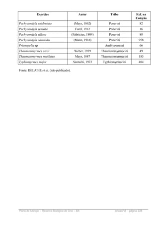 Espécies                        Autor                Tribo              Ref. na
                                                                                      Coleção
Pachycondyla unidentata                   (Mayr, 1862)            Ponerini              82
Pachycondyla venusta                       Forel, 1912            Ponerini              16
Pachycondyla villosa                     (Fabricius, 1804)        Ponerini              88
Pachycondyla cavinodis                    (Mann, 1916)            Ponerini              958
Prionopelta sp                                                 Amblyoponini             66
Thaumatomyrmex atrox                       Weber, 1939       Thaumatomyrmecini          49
Thaumatomyrmex mutilatus                   Mayr, 1887        Thaumatomyrmecini          185
Typhlomyrmex major                        Santschi, 1923      Typhlomyrmecini           404

Fonte: DELABIE et al. (não publicado).




Plano de Manejo – Reserva Biológica de Una – BA                       Anexo VI - página 228
 