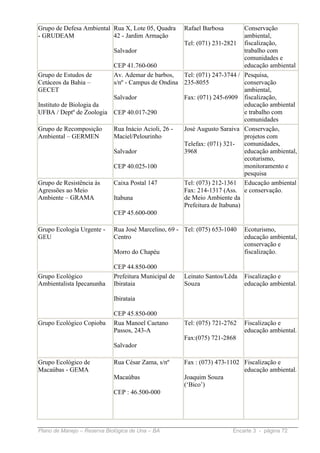 Grupo de Defesa Ambiental Rua X, Lote 05, Quadra       Rafael Barbosa   Conservação
- GRUDEAM                 42 - Jardim Armação                           ambiental,
                                                 Tel: (071) 231-2821 fiscalização,
                         Salvador                                       trabalho com
                                                                        comunidades e
                         CEP 41.760-060                                 educação ambiental
Grupo de Estudos de      Av. Ademar de barbos,   Tel: (071) 247-3744 / Pesquisa,
Cetáceos da Bahia –      s/nº - Campus de Ondina 235-8055               conservação
GECET                                                                   ambiental,
                         Salvador                Fax: (071) 245-6909 fiscalização,
Instituto de Biologia da                                                educação ambiental
UFBA / Deptº de Zoologia CEP 40.017-290                                 e trabalho com
                                                                        comunidades
Grupo de Recomposição    Rua Inácio Acioli, 26 - José Augusto Saraiva Conservação,
Ambiental – GERMEN       Maciel/Pelourinho                              projetos com
                                                 Telefax: (071) 321- comunidades,
                         Salvador                3968                   educação ambiental,
                                                                        ecoturismo,
                         CEP 40.025-100                                 monitoramento e
                                                                        pesquisa
Grupo de Resistência às  Caixa Postal 147        Tel: (073) 212-1361 Educação ambiental
Agressões ao Meio                                Fax: 214-1317 (Ass. e conservação.
Ambiente – GRAMA         Itabuna                 de Meio Ambiente da
                                                 Prefeitura de Itabuna)
                         CEP 45.600-000

Grupo Ecologia Urgente -     Rua José Marcelino, 69 - Tel: (075) 653-1040    Ecoturismo,
GEU                          Centro                                          educação ambiental,
                                                                             conservação e
                             Morro do Chapéu                                 fiscalização.

                             CEP 44.850-000
Grupo Ecológico              Prefeitura Municipal de   Leinato Santos/Lêda   Fiscalização e
Ambientalista Ipecanunha     Ibirataia                 Souza                 educação ambiental.

                             Ibirataia

                             CEP 45.850-000
Grupo Ecológico Copioba      Rua Manoel Caetano        Tel: (075) 721-2762   Fiscalização e
                             Passos, 243-A                                   educação ambiental.
                                                       Fax:(075) 721-2868
                             Salvador

Grupo Ecológico de           Rua César Zama, s/nº      Fax : (073) 473-1102 Fiscalização e
Macaúbas - GEMA                                                             educação ambiental.
                             Macaúbas                  Joaquim Souza
                                                       (‘Bico’)
                             CEP : 46.500-000




Plano de Manejo – Reserva Biológica de Una – BA                         Encarte 3 - página 72
 