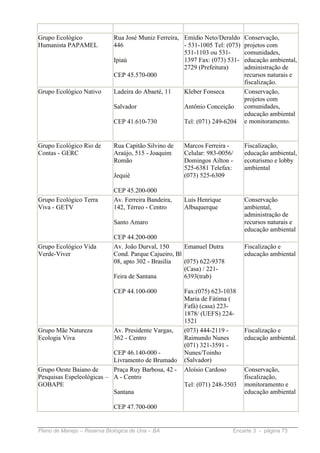 Grupo Ecológico              Rua José Muniz Ferreira, Emídio Neto/Deraldo     Conservação,
Humanista PAPAMEL            446                      - 531-1005 Tel: (073)   projetos com
                                                      531-1103 ou 531-        comunidades,
                             Ipiaú                    1397 Fax: (073) 531-    educação ambiental,
                                                      2729 (Prefeitura)       administração de
                             CEP 45.570-000                                   recursos naturais e
                                                                              fiscalização.
Grupo Ecológico Nativo       Ladeira do Abaeté, 11    Kleber Fonseca          Conservação,
                                                                              projetos com
                             Salvador                 Antônio Conceição       comunidades,
                                                                              educação ambiental
                             CEP 41.610-730           Tel: (071) 249-6204     e monitoramento.


Grupo Ecológico Rio de       Rua Capitão Silvino de   Marcos Ferreira -       Fiscalização,
Contas - GERC                Araújo, 515 - Joaquim    Celular: 983-0056/      educação ambiental,
                             Romão                    Domingos Ailton -       ecoturismo e lobby
                                                      525-6381 Telefax:       ambiental
                             Jequié                   (073) 525-6309

                             CEP 45.200-000
Grupo Ecológico Terra        Av. Ferreira Bandeira,   Luís Henrique           Conservação
Viva - GETV                  142, Térreo - Centro     Albuquerque             ambiental,
                                                                              administração de
                             Santo Amaro                                      recursos naturais e
                                                                              educação ambiental
                             CEP 44.200-000
Grupo Ecológico Vida         Av. João Durval, 150      Emanuel Dutra          Fiscalização e
Verde-Viver                  Cond. Parque Cajueiro, Bl                        educação ambiental
                             08, apto 302 - Brasília   (075) 622-9378
                                                       (Casa) / 221-
                             Feira de Santana          6393(trab)

                             CEP 44.100-000           Fax:(075) 623-1038
                                                      Maria de Fátima (
                                                      Fafá) (casa) 223-
                                                      1878/ (UEFS) 224-
                                                      1521
Grupo Mãe Natureza           Av. Presidente Vargas,   (073) 444-2119 -        Fiscalização e
Ecologia Viva                362 - Centro             Raimundo Nunes          educação ambiental.
                                                      (071) 321-3591 -
                           CEP 46.140-000 -           Nunes/Toinho
                           Livramento de Brumado      (Salvador)
Grupo Oeste Baiano de      Praça Ruy Barbosa, 42 -    Aloísio Cardoso         Conservação,
Pesquisas Espeleológicas – A - Centro                                         fiscalização,
GOBAPE                                                Tel: (071) 248-3503     monitoramento e
                           Santana                                            educação ambiental

                             CEP 47.700-000


Plano de Manejo – Reserva Biológica de Una – BA                         Encarte 3 - página 73
 