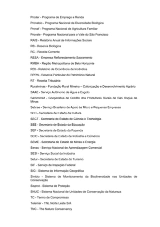 Proder - Programa de Emprego e Renda
Pronabio - Programa Nacional da Diversidade Biológica
Pronaf - Programa Nacional de Agricultura Familiar
Provale - Programa Nacional para o Vale do São Francisco
RAIS - Relatório Anual de Informações Sociais
RB - Reserva Biológica
RC - Receita Corrente
RESA - Empresa Reflorestamento Sacramento
RMBH - Região Metropolitana de Belo Horizonte
ROI - Relatório de Ocorrência de Incêndios
RPPN - Reserva Particular do Patrimônio Natural
RT - Receita Tributária
Ruralminas - Fundação Rural Mineira – Colonização e Desenvolvimento Agrário
SAAE - Serviço Autônomo de Água e Esgoto
Saromcred - Cooperativa de Crédito dos Produtores Rurais de São Roque de
Minas
Sebrae - Serviço Brasileiro de Apoio às Micro e Pequenas Empresas
SEC - Secretaria de Estado da Cultura
SECT - Secretaria de Estado de Ciência e Tecnologia
SEE - Secretaria de Estado da Educação
SEF - Secretaria de Estado da Fazenda
SEIC - Secretaria de Estado de Indústria e Comércio
SEME - Secretaria de Estado de Minas e Energia
Senac - Serviço Nacional de Aprendizagem Comercial
SESI - Serviço Social da Indústria
Setur - Secretaria de Estado do Turismo
SIF - Serviço de Inspeção Federal
SIG - Sistema de Informação Geográfica
Simbio - Sistema de Monitoramento da Biodiversidade nas Unidades de
Conservação
Sisprot - Sistema de Proteção
SNUC - Sistema Nacional de Unidades de Conservação da Natureza
TC - Termo de Compromisso
Telemar - TNL Norte Leste S/A
TNC - The Nature Conservancy
 