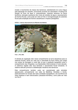 Plano de Manejo do Parque Nacional da Serra da Canastra                                          116
                                                           3. Análise da Unidade de Conservação


erosão e movimentos de massa dos barrancos; estreitamento do curso d’água
pela deposição de cascalho, provocando aumento da velocidade e mudança de
direção do fluxo da água e, possivelmente, impactos adversos na fauna
bentônica; elevação expressiva dos níveis de turbidez da água e assoreamento
de trechos fluviais, como pode ser visto na Foto 3; homogeneização do substrato
fluvial pela ampliação de trechos cascalhosos e impacto paisagístico.

FOTO 3 - Intenso Assoreamento do Ribeirão das Bateias.




Foto: L. Piló, 2002.



A retirada da vegetação ciliar nesse compartimento se torna desastrosa para os
sistemas fluviais, tendo em vista que a velocidade do fluxo hídrico que chega
nos canais de drenagem é muito alta, já que o gradiente topográfico entre o
compartimento das Chapadas e as Depressões Intermontanas é muito elevado.
A cobertura vegetal ciliar atua frenando o escoamento fluvial turbulento. O
sistema radicular promove a estabilização mecânica dos barrancos.
Este compartimento também pode ser caracterizado pela atividade
agropecuária, principalmente nos vales da Babilônia, Cândidos e Gurita,
particularmente em função das boas condições topográficas e da ocorrência de
solos argilosos e bem estruturados (Latossolo-Vermelho), como pode ser visto
na Foto 4.
 