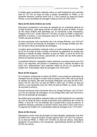 Plano de Manejo do Parque Nacional da Serra da Canastra                                          131
                                                          3. Análise da Unidade de Conservação


A análise geral quantitativa realizada indica um perfil longitudinal com extensão
total de 13,7 km ao longo de toda a porção considerada no PNSC, e um
gradiente hidráulico variando entre 0.02 e 1 m/m (vertical na queda da Casca
d’Anta), e uma densidade de drenagem média em torno de 1620 m/km2.

Bacia do Rio Santo Antônio (ao norte)
Esta bacia corresponde a uma área de captação de um importante afluente do
rio São Francisco, cujas águas drenam no setor NE da área do PNSC. A bacia
do Rio Santo Antônio está delimitada por 14 sub-bacias e três microbacias.
Totalizou 672,4 km2, sendo 208,8 km2 (31,05%) na área do PNSC e 463,6 km2
(69,95%) no entorno, o que representa cerca de 10,31% da área do PNSC ou
16,09% da área de entorno.
As duas sub-bacias mais importantes são a do córrego Rolinhos, com 33,8 km2
de área e 34,5 km de extensão de drenagens, e a do córrego da Mata com 49,1
km2 de área e 56 km de extensão de drenagens.
A análise geral quantitativa realizada indica um perfil longitudinal com extensão
de 20 km ao longo de toda a porção envolvendo as cabeceiras do córrego dos
Rolinhos e ribeirão da Mata, inseridas na área do PNSC, e cerca de 20 km de
extensão já na área de entorno, percorrendo um trecho até seu limite exterior,
próximo à Fazenda da Invernada.
O gradiente hidráulico / topográfico médio verificado no primeiro trecho é de 0,33
m/m e nos seguintes, até próximo à confluência com o ribeirão da Mata é de
0,033 m/m, apresentando numa extensão média de 20 km um gradiente de
0,0025 m/m. A densidade média de drenagem é de 1430 m/km2.

Bacia do Rio Araguari
O rio Araguari corresponde no trecho do PNSC a uma porção de cabeceiras de
drenagem que se alongam no setor norte do parque rumo a NW, até a sub-bacia
do ribeirão da Parida. São sete sub-bacias totalizando uma área de 543,5 km2,
sendo 153 km2 (28,15%) na área do PNSC e 390,5 km2 (71,85%) na área do
entorno, o que representa cerca de 7,55% da área do PNSC, ou, ainda, 13,55%
de sua área no entorno.
As duas sub-bacias mais importantes são a do córrego da Parida, com 37,5 km2
e 51 km de extensão de drenagens, e a do córrego Boa Vista com 34,8 km2 e
50,4 km de extensão de drenagens.
Na análise geral quantitativa realizada indica um perfil longitudinal com extensão
de 3 km ao longo de toda a porção envolvendo suas cabeceiras até o limite do
PNSC, e cerca de 7 km de extensão até a porção-limite à zona do entorno. O
gradiente hidráulico verificado no primeiro trecho varia entre 0,125 e 0,05 m/m e
no segundo de 0,0063 m/m. A densidade média de drenagem é de 1.373 m/km2.

Bacia do Rio Grande
Representa a maior bacia de drenagem do total estudado, perfazendo uma área
de 2085,5 km2, cerca de 42,66% do total. Apenas 536,1 km2 (25,71%) inserem-
se na área do PNSC, e 1549,4 km2 (74,29%) na área de entorno. Esta Bacia
apresenta 18 sub-bacias e 20 microbacias, representando 26,46% do PNSC e
53,78% do entorno.
 