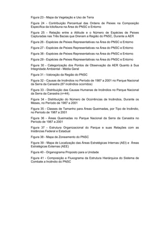 Figura 23 - Mapa da Vegetação e Uso de Terra
Figura 24 - Contribuição Percentual das Ordens de Peixes na Composição
Específica da Ictiofauna na Área do PNSC e Entorno
Figura 25 - Relação entre a Altitude e o Número de Espécies de Peixes
Capturadas nas Três Bacias que Drenam a Região do PNSC, Durante a AER
Figura 26 - Espécies de Peixes Representativas na Área do PNSC e Entorno
Figura 27 - Espécies de Peixes Representativas na Área do PNSC e Entorno
Figura 38 - Espécies de Peixes Representativas na Área do PNSC e Entorno
Figura 29 - Espécies de Peixes Representativas na Área do PNSC e Entorno
Figura 30 - Categorização dos Pontos de Observação da AER Quanto à Sua
Integridade Ambiental - Média Geral
Figura 31 - Valoração da Região do PNSC
Figura 32 - Causas de Incêndios no Período de 1987 a 2001 no Parque Nacional
da Serra da Canastra (87 incêndios ocorridos)
Figura 33 - Distribuição das Causas Humanas de Incêndios no Parque Nacional
da Serra da Canastra (n=44).
Figura 34 - Distribuição do Número de Ocorrências de Incêndios, Durante os
Meses, no Período de 1987 a 2001
Figura 35 - Classes de Tamanho para Áreas Queimadas, por Tipo de Incêndio,
no Período de 1987 a 2001
Figura 36 - Áreas Queimadas no Parque Nacional da Serra da Canastra no
Período de 1987 a 2001
Figura 37 - Estrutura Organizacional do Parque e suas Relações com as
Instâncias Federal e Estadual
Figura 38 - Mapa de Zoneamento do PNSC
Figura 39 - Mapa de Localização das Áreas Estratégicas Internas (AEI) e Áreas
Estratégicas Externas (AEE)
Figura 40 - Organograma Proposto para a Unidade
Figura 41 - Composição e Fluxograma da Estrutura Hierárquica do Sistema de
Combate a Incêndio do PNSC
 