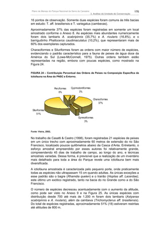 Plano de Manejo do Parque Nacional da Serra da Canastra                                          176
                                                          3. Análise da Unidade de Conservação


16 pontos de observação. Somente duas espécies foram comuns às três bacias
em estudo: T. aff. brasiliensis e T. variegatus (cambevas).
Aproximadamente 37% das espécies foram registradas em somente um local
amostrado conforme o Anexo 8. As espécies mais abundantes numericamente
foram dois lambaris A. scabripinnis (35,7%) e A. rivularis (16,8%), e o
barrigudinho Phalloceros caudimaculatus (10,2%), que representaram mais de
60% dos exemplares capturados.
Characiformes e Siluriformes foram as ordens com maior número de espécies,
evidenciando o padrão característico para a fauna de peixes de água doce da
América do Sul (Lowe-McConnell, 1975). Outras ordens também estão
representadas na região, embora com poucas espécies, como mostrado na
Figura 24.

FIGURA 24 – Contribuição Percentual das Ordens de Peixes na Composição Específica da
Ictiofauna na Área do PNSC e Entorno.



                       Perciformes   Cyprinodontiformes
                           6%               3%

                                                            Characiformes
                                                                37%

 Siluriformes
     51%
                                            Gymnotiformes
                                                3%


Fonte: Vieira, 2002.


No trabalho de Casatti & Castro (1998), foram registradas 21 espécies de peixes
em um único trecho com aproximadamente 60 metros de extensão do rio São
Francisco, localizado poucos quilômetros abaixo da Casca d’Anta. Entretanto, o
esforço amostral empreendido por esses autores foi relativamente grande,
compreendendo 45 dias de trabalho de campo, ao longo do ano, e técnicas
amostrais variadas. Dessa forma, é previsível que a realização de um inventário
mais detalhado para toda a área do Parque revele uma ictiofauna bem mais
diversificada.
A ictiofauna amostrada é caracterizada pelo pequeno porte, onde praticamente
todas as espécies não ultrapassam 15 cm quando adultas. As únicas exceções a
esse padrão são o bagre (Rhamdia quelen) e o trairão (Hoplias aff. Lacerdae),
este último um exótico registrado, tanto na bacia do rio Grande como a do São
Francisco.
O número de espécies decresceu acentuadamente com o aumento da altitude,
como pode ser visto no Anexo 9 e na Figura 25. As únicas espécies com
distribuição desde 700 até mais de 1.200 m foram dois lambaris (Astyanax
scabripinnis e A. rivularis), além da cambeva (Trichomycterus aff. brasiliensis).
Do total de espécies registradas, aproximadamente 51% (18) estiveram restritas
até altitudes de 800 m.
 