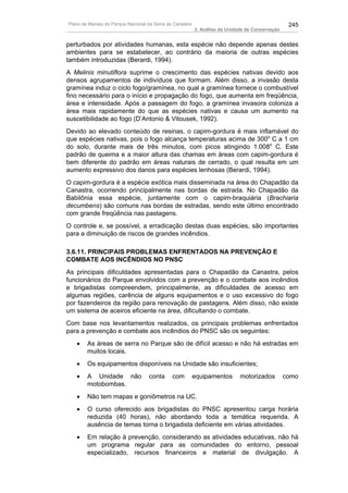 Plano de Manejo do Parque Nacional da Serra da Canastra                                           245
                                                          3. Análise da Unidade de Conservação


perturbados por atividades humanas, esta espécie não depende apenas destes
ambientes para se estabelecer, ao contrário da maioria de outras espécies
também introduzidas (Berardi, 1994).
A Melinis minutiflora suprime o crescimento das espécies nativas devido aos
densos agrupamentos de indivíduos que formam. Além disso, a invasão desta
gramínea induz o ciclo fogo/gramínea, no qual a gramínea fornece o combustível
fino necessário para o início e propagação do fogo, que aumenta em freqüência,
área e intensidade. Após a passagem do fogo, a gramínea invasora coloniza a
área mais rapidamente do que as espécies nativas e causa um aumento na
suscetibilidade ao fogo (D’Antonio & Vitousek, 1992).
Devido ao elevado conteúdo de resinas, o capim-gordura é mais inflamável do
que espécies nativas, pois o fogo alcança temperaturas acima de 300o C a 1 cm
do solo, durante mais de três minutos, com picos atingindo 1.008o C. Este
padrão de queima e a maior altura das chamas em áreas com capim-gordura é
bem diferente do padrão em áreas naturais de cerrado, o qual resulta em um
aumento expressivo dos danos para espécies lenhosas (Berardi, 1994).
O capim-gordura é a espécie exótica mais disseminada na área do Chapadão da
Canastra, ocorrendo principalmente nas bordas de estrada. No Chapadão da
Babilônia essa espécie, juntamente com o capim-braquiária (Brachiaria
decumbens) são comuns nas bordas de estradas, sendo este último encontrado
com grande freqüência nas pastagens.
O controle e, se possível, a erradicação destas duas espécies, são importantes
para a diminuição de riscos de grandes incêndios.

3.6.11. PRINCIPAIS PROBLEMAS ENFRENTADOS NA PREVENÇÃO E
COMBATE AOS INCÊNDIOS NO PNSC
As principais dificuldades apresentadas para o Chapadão da Canastra, pelos
funcionários do Parque envolvidos com a prevenção e o combate aos incêndios
e brigadistas compreendem, principalmente, as dificuldades de acesso em
algumas regiões, carência de alguns equipamentos e o uso excessivo do fogo
por fazendeiros da região para renovação de pastagens. Além disso, não existe
um sistema de aceiros eficiente na área, dificultando o combate.
Com base nos levantamentos realizados, os principais problemas enfrentados
para a prevenção e combate aos incêndios do PNSC são os seguintes:
   •    As áreas de serra no Parque são de difícil acesso e não há estradas em
        muitos locais.
   •    Os equipamentos disponíveis na Unidade são insuficientes;
   •    A Unidade não              conta      com         equipamentos       motorizados         como
        motobombas.
   •    Não tem mapas e goniômetros na UC.
   •    O curso oferecido aos brigadistas do PNSC apresentou carga horária
        reduzida (40 horas), não abordando toda a temática requerida. A
        ausência de temas torna o brigadista deficiente em várias atividades.
   •    Em relação à prevenção, considerando as atividades educativas, não há
        um programa regular para as comunidades do entorno, pessoal
        especializado, recursos financeiros e material de divulgação. A
 
