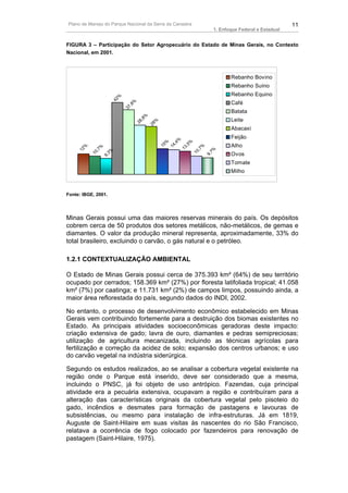 Plano de Manejo do Parque Nacional da Serra da Canastra                                                       11
                                                                              1. Enfoque Federal e Estadual


FIGURA 3 – Participação do Setor Agropecuário do Estado de Minas Gerais, no Contexto
Nacional, em 2001.



                                                                                     Rebanho Bovino
                                                                                     Rebanho Suíno
                           %
                                                                                     Rebanho Equino
                         42
                                 ,8
                                   %                                                 Café
                               37
                                                                                     Batata
                                           %
                                         ,8                                          Leite
                                       28      28
                                                 %
                                                                                     Abacaxi
                                                                                     Feijão
                                                            %
                                                       %  ,4    ,5
                                                                  %
        %                                            15 14                %          Alho
      12      ,7
                %                                             13        ,7
            10      3%                                                10      7%
                  9,                                                        9,       Ovos
                                                                                     Tomate
                                                                                     Milho



Fonte: IBGE, 2001.




Minas Gerais possui uma das maiores reservas minerais do país. Os depósitos
cobrem cerca de 50 produtos dos setores metálicos, não-metálicos, de gemas e
diamantes. O valor da produção mineral representa, aproximadamente, 33% do
total brasileiro, excluindo o carvão, o gás natural e o petróleo.

1.2.1 CONTEXTUALIZAÇÃO AMBIENTAL

O Estado de Minas Gerais possui cerca de 375.393 km² (64%) de seu território
ocupado por cerrados; 158.369 km² (27%) por floresta latifoliada tropical; 41.058
km² (7%) por caatinga; e 11.731 km² (2%) de campos limpos, possuindo ainda, a
maior área reflorestada do país, segundo dados do INDI, 2002.

No entanto, o processo de desenvolvimento econômico estabelecido em Minas
Gerais vem contribuindo fortemente para a destruição dos biomas existentes no
Estado. As principais atividades socioeconômicas geradoras deste impacto:
criação extensiva de gado; lavra de ouro, diamantes e pedras semipreciosas;
utilização de agricultura mecanizada, incluindo as técnicas agrícolas para
fertilização e correção da acidez de solo; expansão dos centros urbanos; e uso
do carvão vegetal na indústria siderúrgica.

Segundo os estudos realizados, ao se analisar a cobertura vegetal existente na
região onde o Parque está inserido, deve ser considerado que a mesma,
incluindo o PNSC, já foi objeto de uso antrópico. Fazendas, cuja principal
atividade era a pecuária extensiva, ocupavam a região e contribuíram para a
alteração das características originais da cobertura vegetal pelo pisoteio do
gado, incêndios e desmates para formação de pastagens e lavouras de
subsistências, ou mesmo para instalação de infra-estruturas. Já em 1819,
Auguste de Saint-Hilaire em suas visitas às nascentes do rio São Francisco,
relatava a ocorrência de fogo colocado por fazendeiros para renovação de
pastagem (Saint-Hilaire, 1975).
 