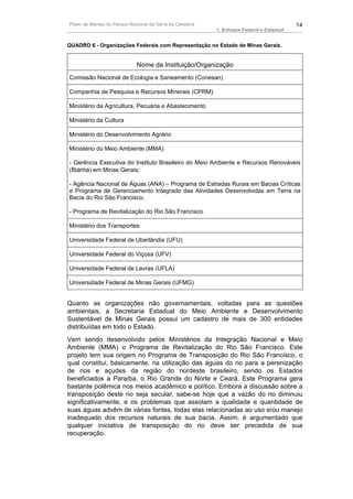 Plano de Manejo do Parque Nacional da Serra da Canastra                                   14
                                                          1. Enfoque Federal e Estadual


QUADRO 6 - Organizações Federais com Representação no Estado de Minas Gerais.


                             Nome da Instituição/Organização
Comissão Nacional de Ecologia e Saneamento (Conesan)

Companhia de Pesquisa e Recursos Minerais (CPRM)

Ministério da Agricultura, Pecuária e Abastecimento

Ministério da Cultura

Ministério do Desenvolvimento Agrário

Ministério do Meio Ambiente (MMA)

- Gerência Executiva do Instituto Brasileiro do Meio Ambiente e Recursos Renováveis
(Ibama) em Minas Gerais;

- Agência Nacional de Águas (ANA) – Programa de Estradas Rurais em Bacias Críticas
e Programa de Gerenciamento Integrado das Atividades Desenvolvidas em Terra na
Bacia do Rio São Francisco;

- Programa de Revitalização do Rio São Francisco.

Ministério dos Transportes

Universidade Federal de Uberlândia (UFU)

Universidade Federal do Viçosa (UFV)

Universidade Federal de Lavras (UFLA)

Universidade Federal de Minas Gerais (UFMG)


Quanto as organizações não governamentais, voltadas para as questões
ambientais, a Secretaria Estadual do Meio Ambiente e Desenvolvimento
Sustentável de Minas Gerais possui um cadastro de mais de 300 entidades
distribuídas em todo o Estado.
Vem sendo desenvolvido pelos Ministérios da Integração Nacional e Meio
Ambiente (MMA) o Programa de Revitalização do Rio São Francisco. Este
projeto tem sua origem no Programa de Transposição do Rio São Francisco, o
qual constitui, basicamente, na utilização das águas do rio para a perenização
de rios e açudes da região do nordeste brasileiro, sendo os Estados
beneficiados a Paraíba, o Rio Grande do Norte e Ceará. Este Programa gera
bastante polêmica nos meios acadêmico e político. Embora a discussão sobre a
transposição deste rio seja secular, sabe-se hoje que a vazão do rio diminuiu
significativamente, e os problemas que assolam a qualidade e quantidade de
suas águas advêm de várias fontes, todas elas relacionadas ao uso e/ou manejo
inadequado dos recursos naturais de sua bacia. Assim, é argumentado que
qualquer iniciativa de transposição do rio deve ser precedida de sua
recuperação.
 