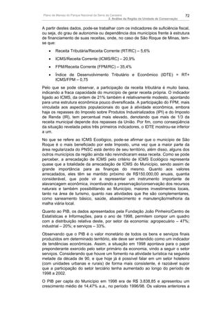 Plano de Manejo do Parque Nacional da Serra da Canastra                                        72
                                              2. Análise da Região da Unidade de Conservação


A partir destes dados, pode-se trabalhar com os indicadores de suficiência fiscal,
ou seja, do grau de autonomia ou dependência dos municípios frente à estrutura
de financiamento de suas receitas, onde, no caso de São Roque de Minas, tem-
se que:
   •    Receita Tributária/Receita Corrente (RT/RC) – 5,6%
   •    ICMS/Receita Corrente (ICMS/RC) – 20,9%
   •    FPM/Receita Corrente (FPM/RC) – 35,4%
   •    Índice de Desenvolvimento Tributário e Econômico (IDTE) = RT+
        ICMS/FPM – 0,75
Pelo que se pode observar, a participação da receita tributária é muito baixa,
indicando a fraca capacidade do município de gerar receita própria. O indicador
ligado ao ICMS, da ordem de 21% também é relativamente modesto, apontando
para uma estrutura econômica pouco diversificada. A participação do FPM, mais
vinculada aos aspectos populacionais do que à atividade econômica, embora
haja os repasses do Imposto sobre Produtos Industrializados (IPI) e do Imposto
de Renda (IR), tem percentual mais elevado, denotando que mais de 1/3 da
receita municipal depende dos repasses da União. Por fim, como conseqüência
da situação revelada pelos três primeiros indicadores, o IDTE mostrou-se inferior
a um.
No que se refere ao ICMS Ecológico, pode-se afirmar que o município de São
Roque é o mais beneficiado por este Imposto, uma vez que a maior parte da
área regularizada do PNSC está dentro de seu território, além disso, alguns dos
outros municípios da região ainda não reivindicaram essa receita. Como se pode
perceber, a arrecadação de ICMS pelo critério de ICMS Ecológico representa
quase que a totalidade da arrecadação de ICMS do Município, sendo assim de
grande importância para as finanças do mesmo. Quanto aos valores
arrecadados, eles têm se mantido próximo de R$150.000,00 anuais, quantia
considerável, que pode vir a representar um instrumento importante de
alavancagem econômica, incentivando a preservação/conservação dos recursos
naturais e também possibilitando ao Município, maiores investimentos locais,
tanto na área de turismo, quanto nas atividades que lhe são complementares,
como saneamento básico, saúde, abastecimento e manutenção/melhoria da
malha viária local.
Quanto ao PIB, os dados apresentados pela Fundação João Pinheiro/Centro de
Estatísticas e Informações, para o ano de 1998, permitem compor um quadro
com a distribuição relativa deste, por setor da economia: agropecuário – 47%;
industrial – 20%; e serviços – 33%.
Observando que o PIB é o valor monetário de todos os bens e serviços finais
produzidos em determinado território, ele deve ser entendido como um indicador
de tendências econômicas. Assim, a situação em 1998 apontava para o papel
preponderante exercido pelo setor primário da economia, vindo a seguir o setor
serviços. Considerando que houve um fomento na atividade turística na segunda
metade da década de 90, e que hoje já é possível falar em um setor hoteleiro
(com unidades urbanas e rurais) de forma mais consistente, é razoável supor
que a participação do setor terciário tenha aumentado ao longo do período de
1998 a 2002.
O PIB per capta do Município em 1998 era de R$ 3.838,85 e apresentou um
crescimento médio de 14,47% a.a., no período 1996/98. Os valores anteriores a
 