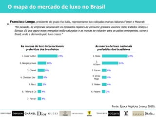 O mapa do mercado de luxo no Brasil “ No passado, as empresas priorizavam os mercados capazes de consumir grandes volumes como Estados Unidos e Europa. Só que agora esses mercados estão saturados e as marcas se voltaram para os países emergentes, como o Brasil, onde a demanda pelo luxo cresce.” Fonte: Época Negócios (março 2010) Francisco Longo , presidente do grupo Via Itália, representante das cobiçadas marcas italianas Ferrari e Maserati As marcas de luxo internacionais preferidas dos brasileiros As marcas de luxo nacionais preferidas dos brasileiros 
