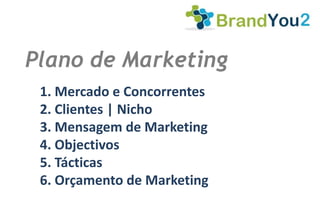 Plano de Marketing
 1. Mercado e Concorrentes
 2. Clientes | Nicho
 3. Mensagem de Marketing
 4. Objectivos
 5. Tácticas
 6. Orçamento de Marketing
 