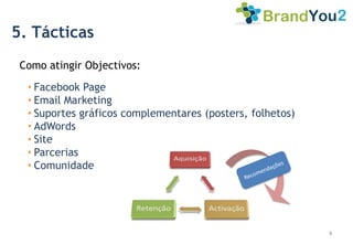 5. Tácticas
 Como atingir Objectivos:

  • Facebook Page
  • Email Marketing
  • Suportes gráficos complementares (posters, folhetos)
  • AdWords
  • Site
  • Parcerias
  • Comunidade




                                                           6
 