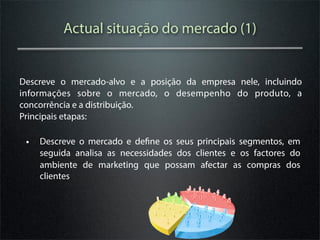 Actual situação do mercado (1)


Descreve o mercado-alvo e a posição da empresa nele, incluindo
informações sobre o mercado, o desempenho do produto, a
concorrência e a distribuição.
Principais etapas:

 • Descreve o mercado e define os seus principais segmentos, em
    seguida analisa as necessidades dos clientes e os factores do
    ambiente de marketing que possam afectar as compras dos
    clientes
 