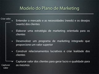 Modelo do Plano de Marketing

Criar valor
              • Entender o mercado e as necessidades (needs) e os desejos
                 (wants) dos clientes

              • Elaborar uma estratégia de marketing orientada para os
                 clientes

              • Desenvolver um programa de marketing integrado que
                 proporcione um valor superior

              • Construir relacionamentos lucrativos e criar lealdade dos
                 clientes

              • Capturar valor dos clientes para gerar lucro e qualidade para
Capturar         os mesmos
 valor
 