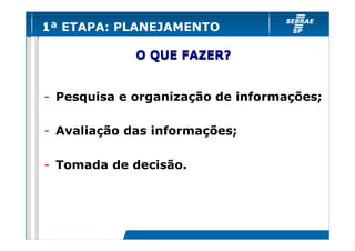 1ª ETAPA: PLANEJAMENTO
O QUE FAZER?

- Pesquisa e organização de informações;
- Avaliação das informações;
- Tomada de decisão.

 