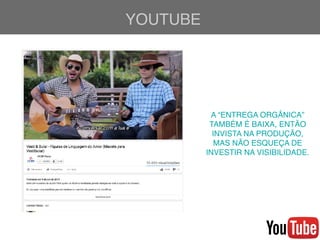 YOUTUBE
A “ENTREGA ORGÂNICA”
TAMBÉM É BAIXA, ENTÃO
INVISTA NA PRODUÇÃO,
MAS NÃO ESQUEÇA DE
INVESTIR NA VISIBILIDADE.
 