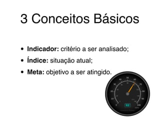 3 Conceitos Básicos
• Indicador: critério a ser analisado;
• Índice: situação atual;
• Meta: objetivo a ser atingido.
 