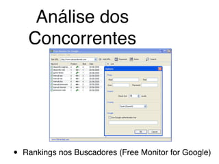 • Rankings nos Buscadores (Free Monitor for Google)
Análise dos
Concorrentes
 