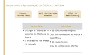 Lançamento e Apresentação da Cachaça do Pontal
Objetivos Gerais Indicadores
➢ Divulgar e promover os
produtos da Cachaça do
Pontal
➢ Consolidação da marca
no mercado
% de consumidores atingidos;
Grau de notoriedade da marca e
espontânea
% de novos clientes;
Grau de satisfação dos clientes;
Eventos,
Festivais, Feiras
Ação de Promoção
na Praia
Oferta de
Merchandising
 
