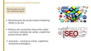 ➢ Reforço de conteúdos relevantes sobre
cachaças, bebidas de verão, caipirinhas
potenciando (SEO)
➢ Adwords – cachaças online, caipirinha,
artesanal e biológica
Estruturação ao nível
do marketing digital
➢ Dinamização de social media marketing
(SMM) e do site
Desenvolvimento do Marketing Digital
 