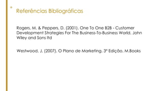 ° Referências Bibliográficas
Rogers, M. & Peppers, D. (2001). One To One B2B - Customer
Development Strategies For The Business-To-Business World. John
Wiley and Sons ltd
Westwood, J. (2007). O Plano de Marketing. 3º Edição. M.Books
 