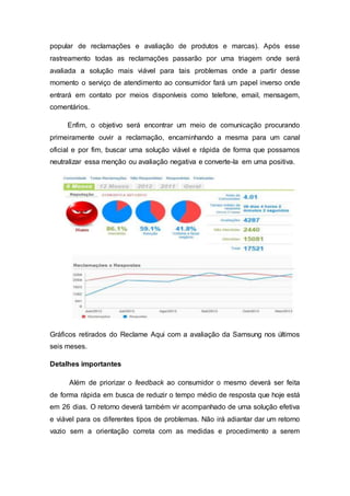 popular de reclamações e avaliação de produtos e marcas). Após esse
rastreamento todas as reclamações passarão por uma triagem onde será
avaliada a solução mais viável para tais problemas onde a partir desse
momento o serviço de atendimento ao consumidor fará um papel inverso onde
entrará em contato por meios disponíveis como telefone, email, mensagem,
comentários.
Enfim, o objetivo será encontrar um meio de comunicação procurando
primeiramente ouvir a reclamação, encaminhando a mesma para um canal
oficial e por fim, buscar uma solução viável e rápida de forma que possamos
neutralizar essa menção ou avaliação negativa e converte-la em uma positiva.
Gráficos retirados do Reclame Aqui com a avaliação da Samsung nos últimos
seis meses.
Detalhes importantes
Além de priorizar o feedback ao consumidor o mesmo deverá ser feita
de forma rápida em busca de reduzir o tempo médio de resposta que hoje está
em 26 dias. O retorno deverá também vir acompanhado de uma solução efetiva
e viável para os diferentes tipos de problemas. Não irá adiantar dar um retorno
vazio sem a orientação correta com as medidas e procedimento a serem
 