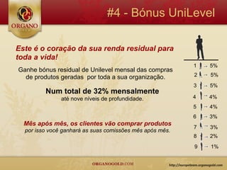 #4 - Bónus UniLevel

Este é o coração da sua renda residual para
toda a vida!
                                                          1   5%
Ganhe bónus residual de Unilevel mensal das compras
  de produtos geradas por toda a sua organização.         2   5%
                                                          3   5%
         Num total de 32% mensalmente
               até nove níveis de profundidade.           4   4%
                                                          5   4%
                                                          6   3%
  Mês após mês, os clientes vão comprar produtos
                                                          7   3%
  por isso você ganhará as suas comissões mês após mês.
                                                          8   2%
                                                          9   1%
 