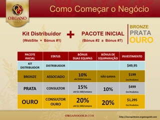 Como Começar o Negócio
                                                   BRONZE
Kit Distribuidor
(WebSite + Bónus #1)
                       +   PACOTE INICIAL
                           (Bónus #2 a Bónus #7)
                                                   PRATA
                                                   OURO
 