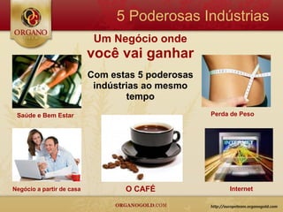 5 Poderosas Indústrias
                            Um Negócio onde
                           você vai ganhar
                           Com estas 5 poderosas
                            indústrias ao mesmo
                                   tempo
 Saúde e Bem Estar                                 Perda de Peso




Negócio a partir de casa          O CAFÉ                Internet
 