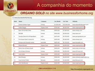 A companhia do momento
ORGANO GOLD no site www.businessforhome.org
 