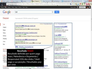 Resultado PAGO!
Resultado definido por quem paga
mais / Relevância e Orçamento /
Responsável 25% dos clicks / Você
paga a sua posição / Resultados pay-
per-click
 