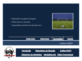 • Reputação do jogador português;
• Oferta única no mercado;
• Capacidade económica do mercado alvo;




                                          Análise SWOT
 