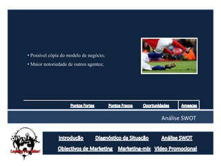 • Possível cópia do modelo de negócio;
• Maior notoriedade de outros agentes;




                                         Análise SWOT
 