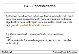 1.4 - Oportunidades Antevisão de situações futuras potencialmente favoráveis à empresa, cujo aproveitamento poderá contribuir de forma significativa para realização de suas metas, tendo em vista sua  grande probabilidade de sucesso Ex: Crescimento do mercado (% de crescimento ao  ano)  - Concorrência fraca (não agressiva, fraca, com  reação lenta, etc.) 