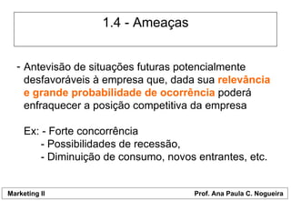 1.4 - Ameaças Antevisão de situações futuras potencialmente desfavoráveis à empresa que, dada sua  relevância e grande probabilidade de ocorrência  poderá enfraquecer a posição competitiva da empresa Ex: - Forte concorrência - Possibilidades de recessão,  - Diminuição de consumo, novos entrantes, etc.  