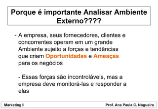 Porque é importante Analisar Ambiente Externo???? A empresa, seus fornecedores, clientes e concorrentes operam em um grande Ambiente sujeito a forças e tendências que criam  Oportunidades  e  Ameaças  para os negócios - Essas forças são incontroláveis, mas a empresa deve monitorá-las e responder a elas 