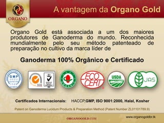 A vantagem da Organo Gold

Organo Gold está associada a um dos maiores
produtores de Ganoderma do mundo. Reconhecida
mundialmente pelo seu método patenteado de
preparação no cultivo da marca líder de

    Ganoderma 100% Orgânico e Certificado




 Certificados Internacionais:        HACCP,GMP, ISO 9001:2000, Halal, Kosher

 Patent on Ganoderma Lucidum Products & Preparation Method (Patent Number ZL01101789.9)

                                                                       www.organogoldbr.tk
 