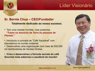 Líder Visionário

Sr. Bernie Chua – CEO/Fundador
      Totalmente dedicado ao nosso sucesso.

• Tem uma missão humilde, mas poderosa.
  “Trazer os tesouros da Terra às pessoas do
Planeta.”

• Introduziu o conceito de “Café Saudável” com
Ganoderma no mundo ocidental.
• Desenvolveu uma organização com mais de 500.000
mil distribuidores de Vendas Diretas.

• Criou e desenvolveu a fórmula secreta do café
Gourmet mais saboroso e saudável do mundo!



                                                        www.organogoldbr.tk
 
