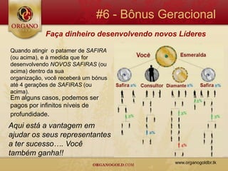 #6 - Bônus Geracional
            Faça dinheiro desenvolvendo novos Líderes

Quando atingir o patamer de SAFIRA
(ou acima), e à medida que for
desenvolvendo NOVOS SAFIRAS (ou
acima) dentro da sua
organização, você receberá um bónus
até 4 gerações de SAFIRAS (ou
acima).
Em alguns casos, podemos ser
pagos por infinitos níveis de
profundidade.
Aqui está a vantagem em
ajudar os seus representantes
a ter sucesso…. Você
também ganha!!
                                             www.organogoldbr.tk
 