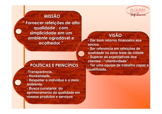 ALQUIMIA
                                                             RESTAURANTE

                                                             Self Service
            MISSÃO
“ Fornecer refeições de alta
      qualidade , com
    simplicidade em um
                                                 VISÃO
   ambiente agradável e              - Dar bom retorno financeiro aos
        acolhedor ”                  sócios
                                     - Ser referencia em refeições de
                                     qualidade na zona leste da cidade
                                     - Superar as expectativas dos
                                     clientes - “clientividade”
    POLÍTICAS E PRINCÍPIOS           - Ter uma equipe de trabalho capaz e
                                     qualificada.
  -Transparência,
  - Honestidade,
  - Respeitar o indivíduo e o meio
  ambiente.
  - Busca constante do
  aprimoramento da qualidade em
  nossos produtos e serviços
 