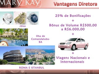 25% de Bonificações + Bônus de Volume R$500,00 a R$6.000,00 + + + Viagens Nacionais e Internacionais  Ilha de Comandatuba- BA Jóias  ROMA E ISTANBUL 