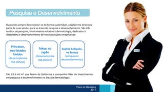 Pesquisa e Desenvolvimento

Buscando sempre desenvolver-se de forma sustentável, a Galderma direciona
parte de suas vendas para as áreas de pesquisa e desenvolvimento. São três
centros de pesquisa, inteiramente voltados à dermatologia, dedicados à
descoberta e desenvolvimento de novas soluções terapêuticas:



    Princeton,
                           Tokyo, no           Sophia Antipolis,
   nos Estados
                             Japão                 na França
      Unidos                                      (pesquisa e
                         (desenvolvime
  (desenvolvime                                desenvolvimento)
                           nto clínico)
    nto clínico)


São 19,3 mil m² que fazem da Galderma a companhia líder de investimentos
em pesquisa e desenvolvimento na área da dermatologia.


                                                            Plano de Marketing
                                                                         2011
 