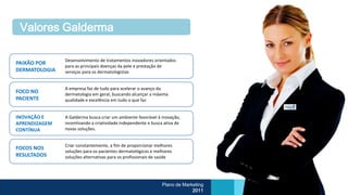 Valores Galderma

               Desenvolvimento de tratamentos inovadores orientados
PAIXÃO POR
               para as principais doenças da pele e prestação de
DERMATOLOGIA   serviços para os dermatologistas


               A empresa faz de tudo para acelerar o avanço da
FOCO NO        dermatologia em geral, buscando alcançar a máxima
PACIENTE       qualidade e excelência em tudo o que faz


INOVAÇÃO E     A Galderma busca criar um ambiente favorável à inovação,
APRENDIZAGEM   incentivando a criatividade independente e busca ativa de
CONTÍNUA       novas soluções.


               Criar constantemente, a fim de proporcionar melhores
FOCOS NOS
               soluções para os pacientes dermatológicos e melhores
RESULTADOS     soluções alternativas para os profissionais de saúde




                                                               Plano de Marketing
                                                                            2011
 