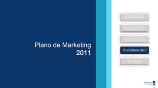 EMPRESA

                      PRODUTO

                     MERCADO
Plano de Marketing
             2011
                     POSICIONAMENTO


                       PLANO
 