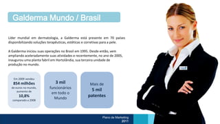 Galderma Mundo / Brasil

Líder mundial em dermatologia, a Galderma está presente em 70 países
disponibilizando soluções terapêuticas, estéticas e corretivas para a pele.

A Galderma iniciou suas operações no Brasil em 1995. Desde então, vem
ampliando aceleradamente suas atividades e recentemente, no ano de 2005,
inaugurou uma planta fabril em Hortolândia, sua terceira unidade de
produção no mundo.


   Em 2009 vendeu
   854 milhões                3 mil                 Mais de
  de euros no mundo,      funcionários               5 mil
      aumento de
                           em todo o
       10,8%                Mundo
                                                   patentes
  comparado a 2008




                                                            Plano de Marketing
                                                                         2011
 