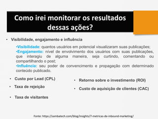 Como irei monitorar os resultados
dessas ações?
• Custo por Lead (CPL)
• Visibilidade, engajamento e influência
•Visibilidade: quantos usuários em potencial visualizaram suas publicações;
•Engajamento: nível de envolvimento dos usuários com suas publicações,
que interagiu de alguma maneira, seja curtindo, comentando ou
compartilhando o post;
•Influência: seu poder de convencimento e propagação com determinado
conteúdo publicado.
• Taxa de rejeição
• Taxa de visitantes
• Custo de aquisição de clientes (CAC)
• Retorno sobre o investimento (ROI)
Fonte: https://sambatech.com/blog/insights/7-metricas-de-inbound-marketing/
 