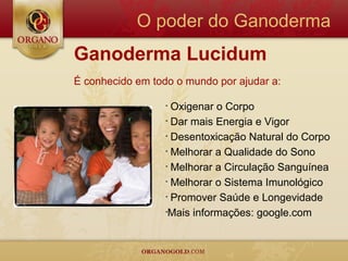 O poder do Ganoderma
Ganoderma Lucidum
É conhecido em todo o mundo por ajudar a:

                  • Oxigenar o Corpo
                  • Dar mais Energia e Vigor

                  • Desentoxicação Natural do Corpo

                  • Melhorar a Qualidade do Sono

                  • Melhorar a Circulação Sanguínea

                  • Melhorar o Sistema Imunológico

                  • Promover Saúde e Longevidade

                  •Mais informações: google.com
 