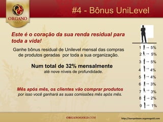 #4 - Bônus UniLevel

Este é o coração da sua renda residual para
toda a vida!
                                                          1   5%
Ganhe bônus residual de Unilevel mensal das compras
  de produtos geradas por toda a sua organização.         2   5%
                                                          3   5%
        Num total de 32% mensalmente
               até nove níveis de profundidade.           4   4%
                                                          5   4%
                                                          6   3%
  Mês após mês, os clientes vão comprar produtos
                                                          7   3%
  por isso você ganhará as suas comissões mês após mês.
                                                          8   2%
                                                          9   1%
 
