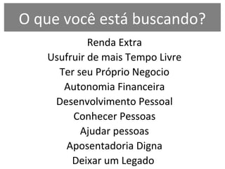 O que você está buscando?
PIRAMIDE SOCIAL




                     Renda Extra
            Usufruir de mais Tempo Livre
              Ter seu Próprio Negocio
               Autonomia Financeira
             Desenvolvimento Pessoal
                 Conhecer Pessoas
                   Ajudar pessoas
               Aposentadoria Digna
                 Deixar um Legado
 